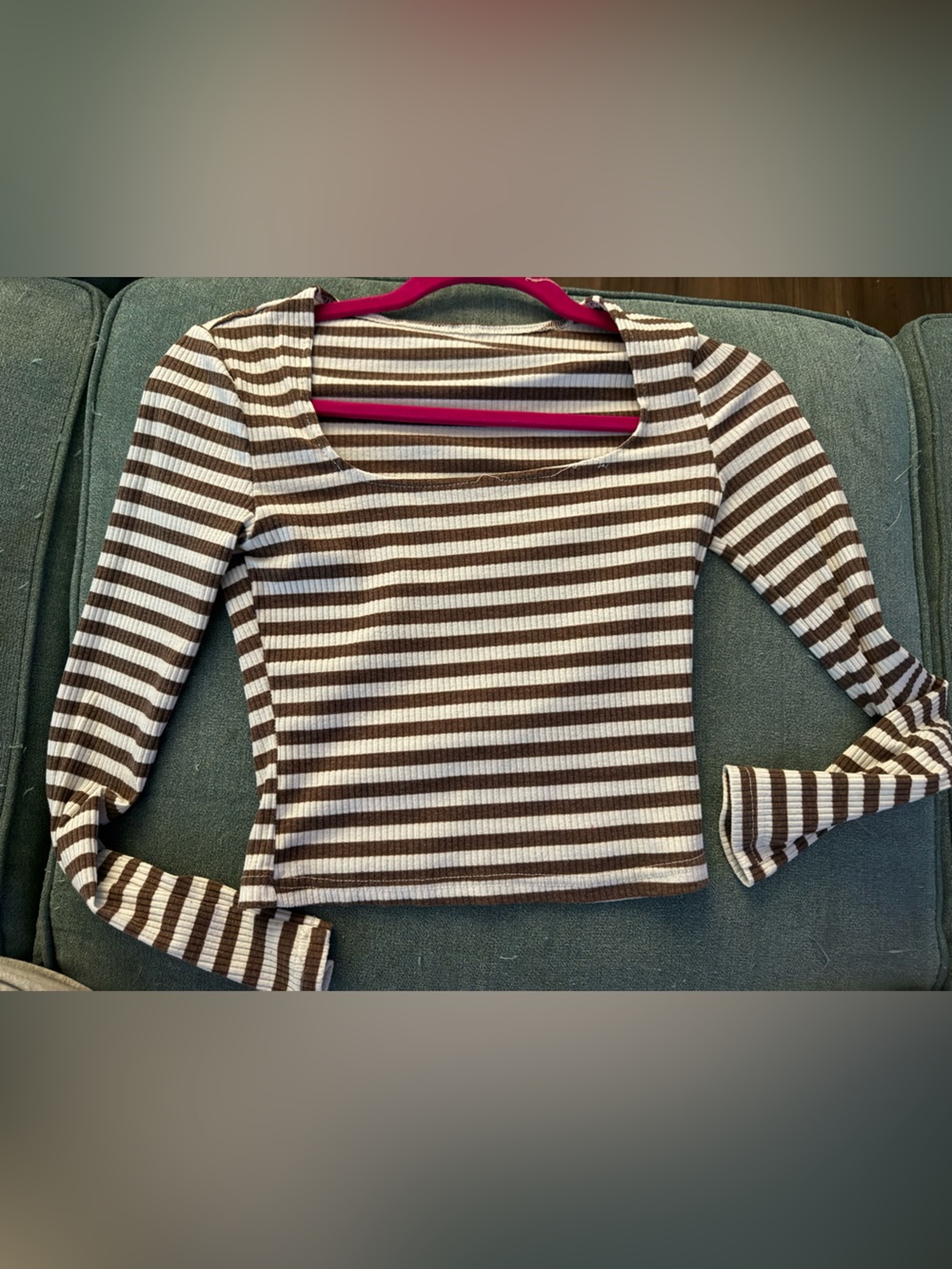 Striped Brown and Cream Ribbed Long Sleeve Top xs, crop